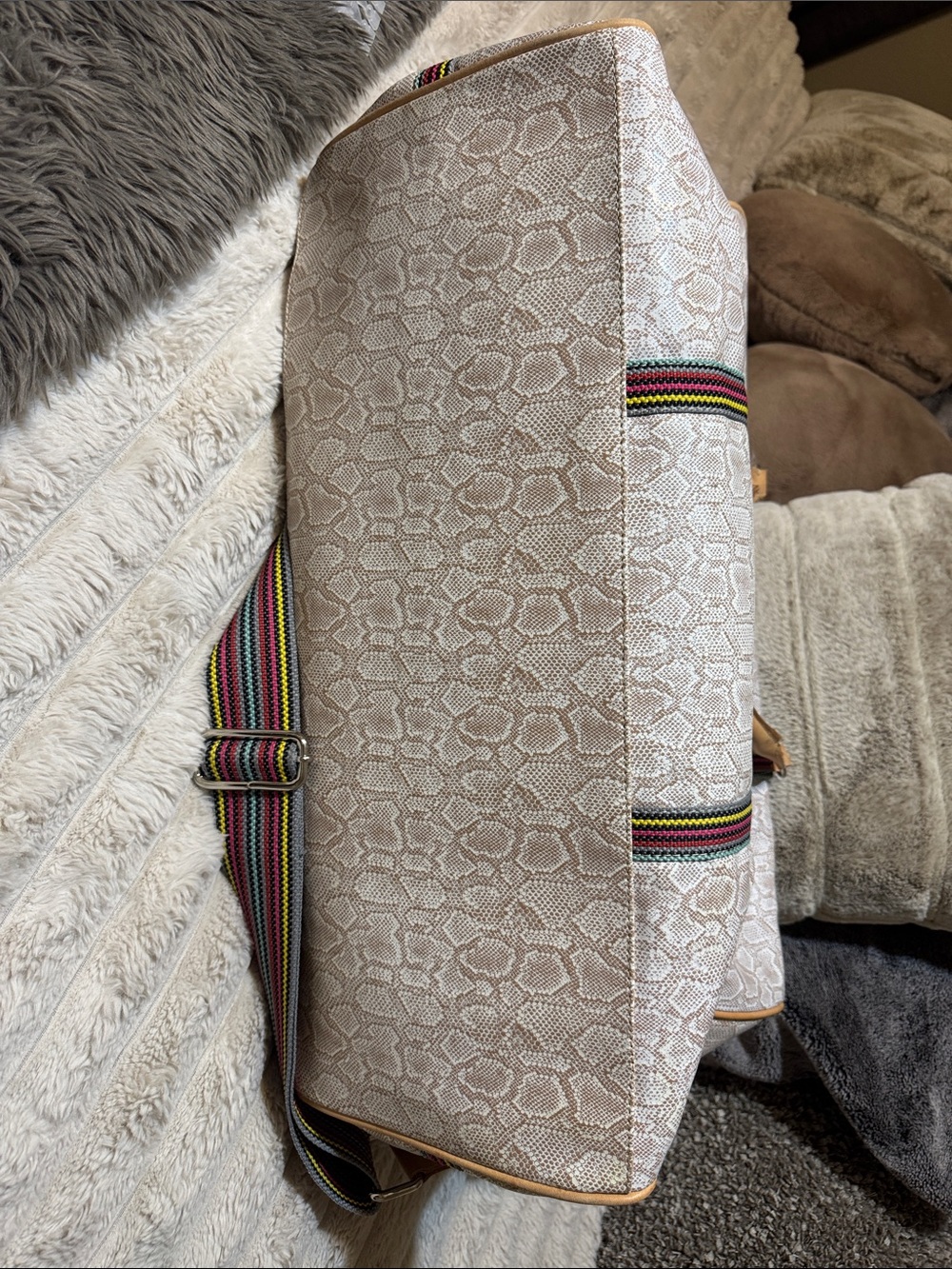 Consuela White Snake-Print Travel Tote with Tan Trim and Multi-Stripe Handles - Picture 2 of 5